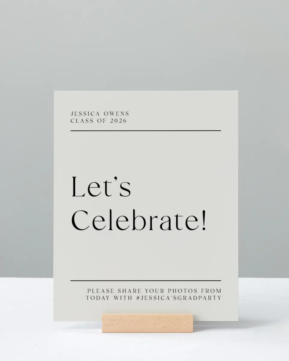 This is a 8" x 10" Let's Celebrate & Snap a Photo Grad Sign called Start of Something New printed in full color with Silver foil