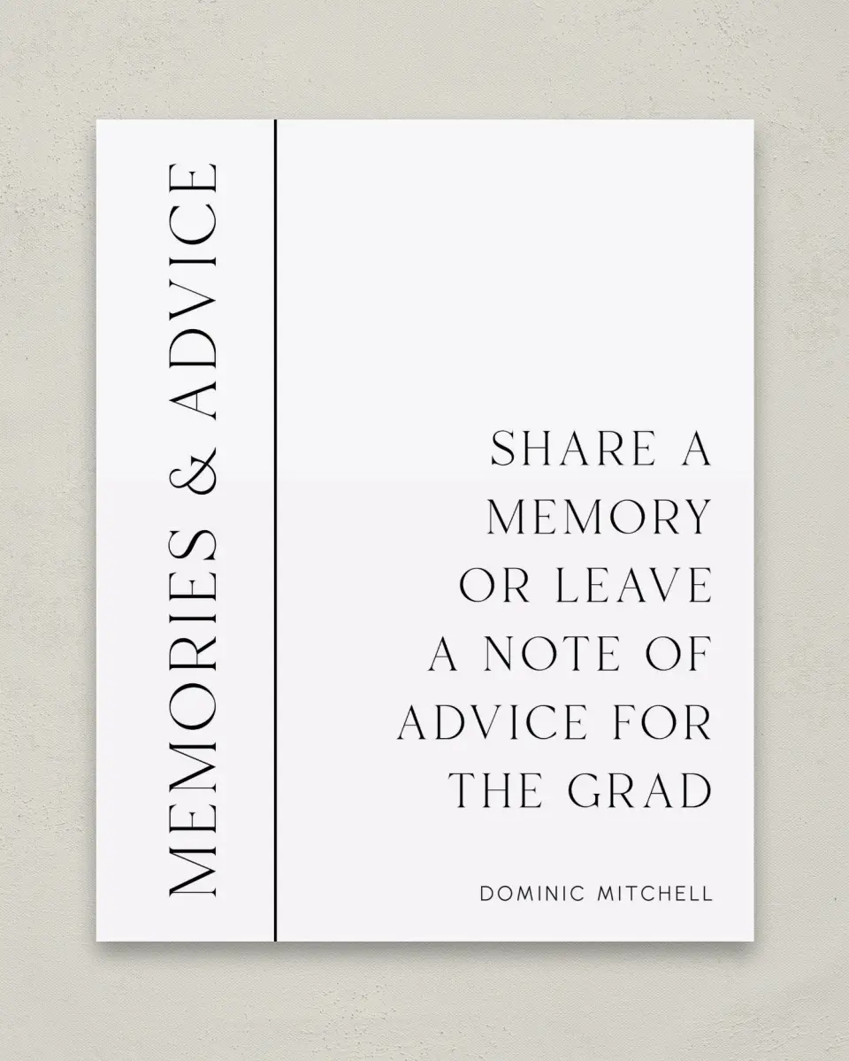 This is a 8" x 10" Memory & Advice Grad Sign called Sophisticated Senior printed in full color