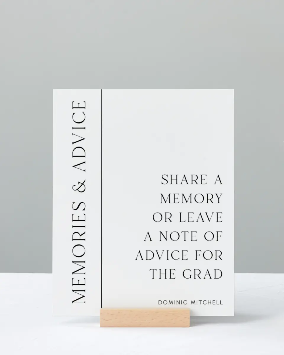 This is a 8" x 10" Memory & Advice Grad Sign called Sophisticated Senior printed in full color with Silver foil