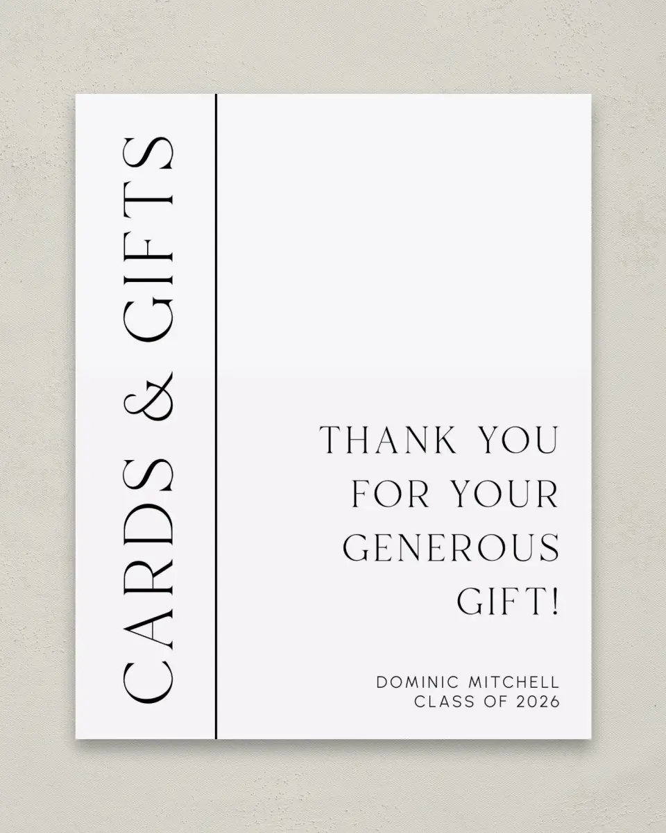 This is a 8" x 10" Cards & Gifts Grad Sign called Sophisticated Senior printed in full color