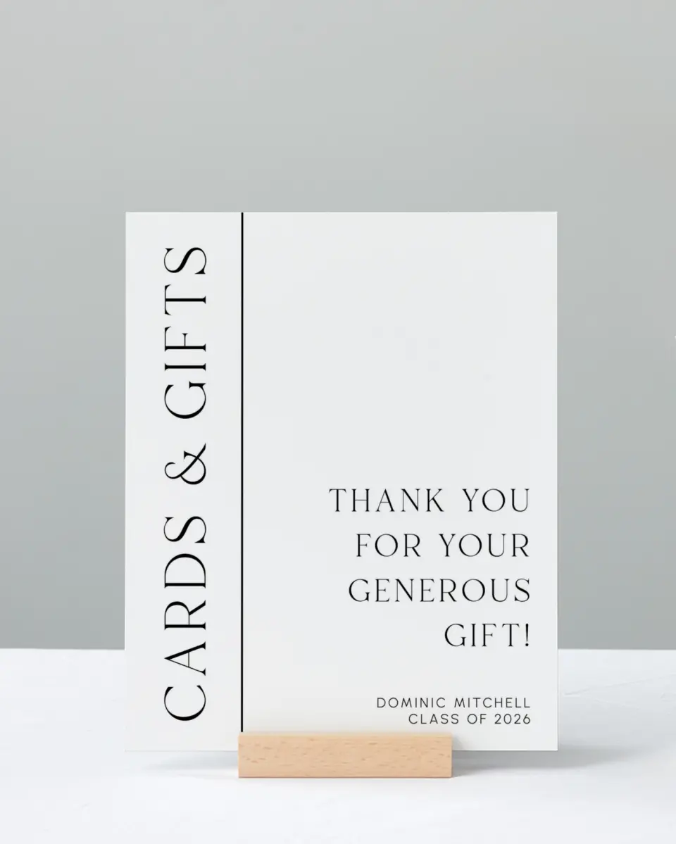 This is a 8" x 10" Cards & Gifts Grad Sign called Sophisticated Senior printed in full color with Silver foil