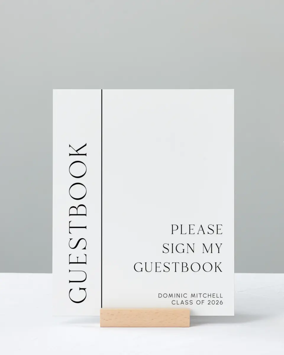 This is a 8" x 10" Guestbook Grad Sign called Sophisticated Senior printed in full color with Silver foil