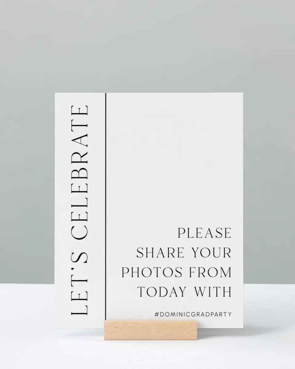 This is a 8" x 10" Let's Celebrate & Snap a Photo Grad Sign called Sophisticated Senior printed in full color with Silver foil