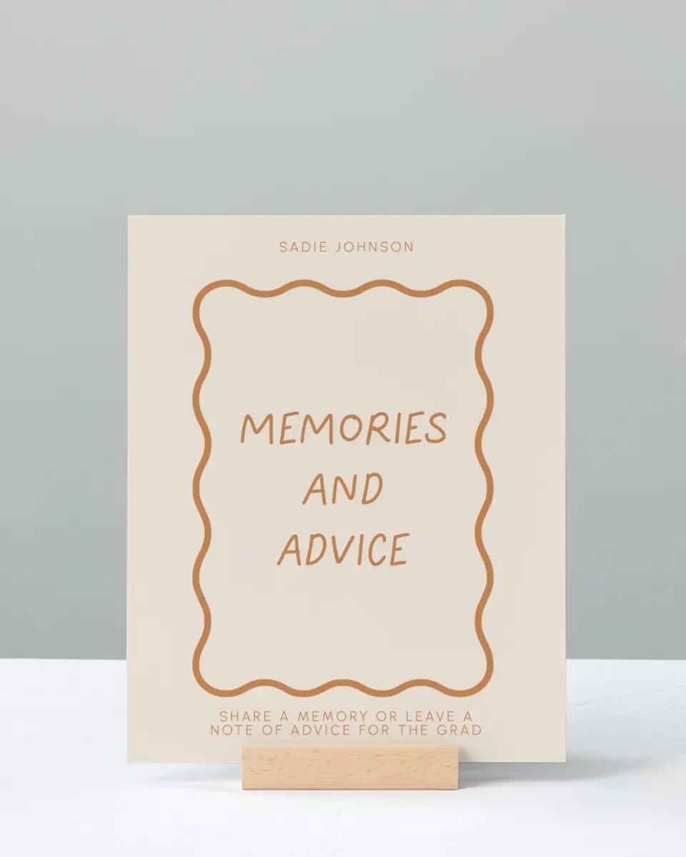 This is a 8" x 10" Memory & Advice Grad Sign called Wavy Frame Fun printed in full color with Silver foil