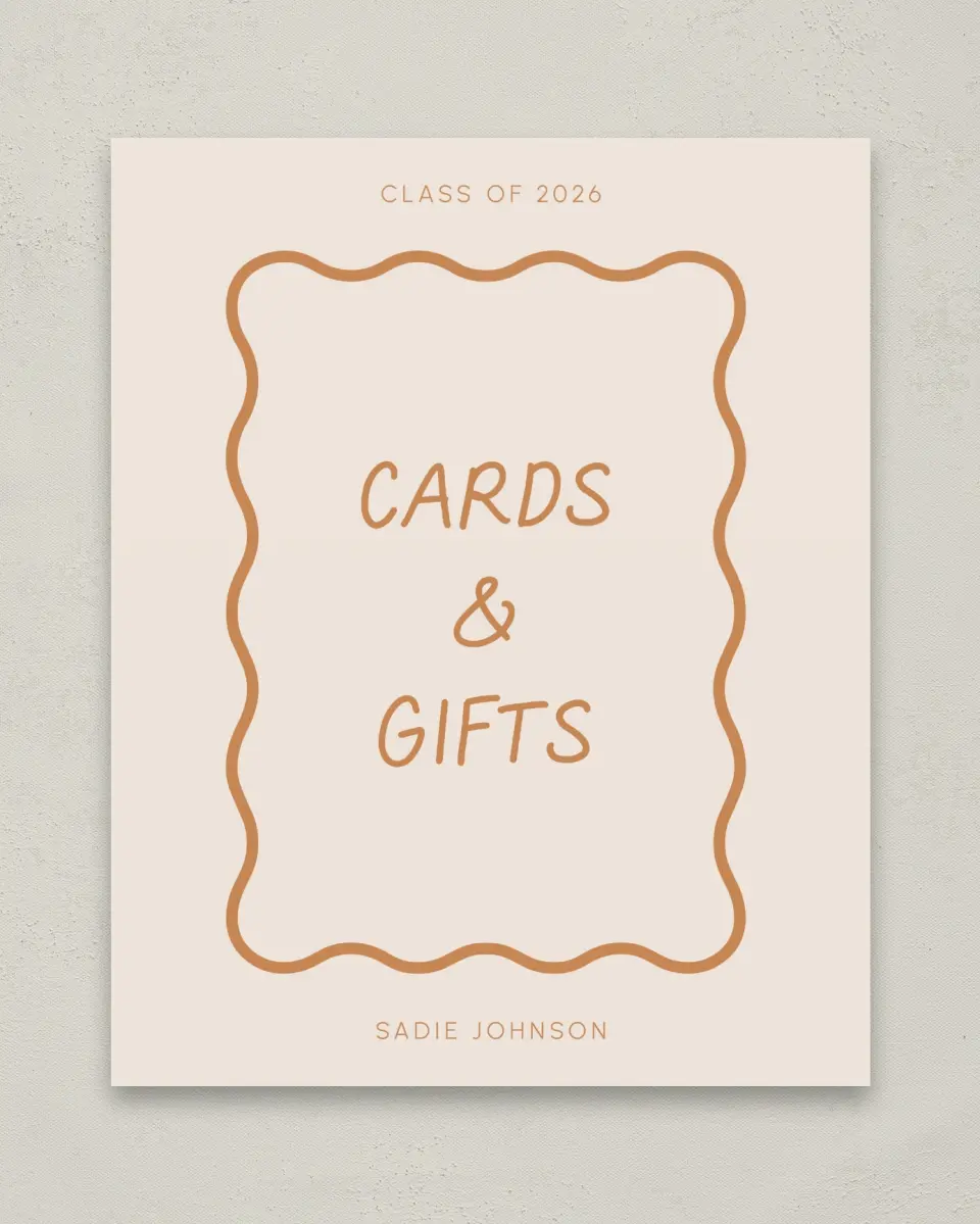 This is a 8" x 10" Cards & Gifts Grad Sign called Wavy Frame Fun printed in full color