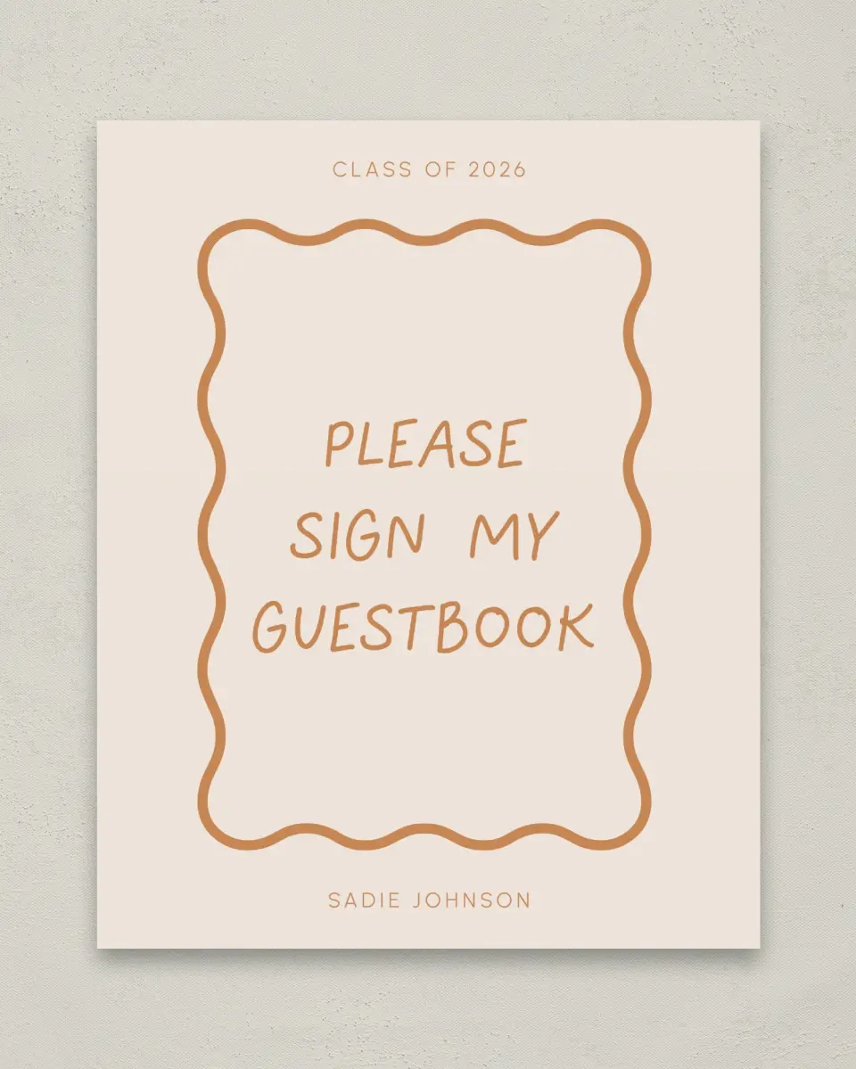 This is a 8" x 10" Guestbook Grad Sign called Wavy Frame Fun printed in full color with Silver foil