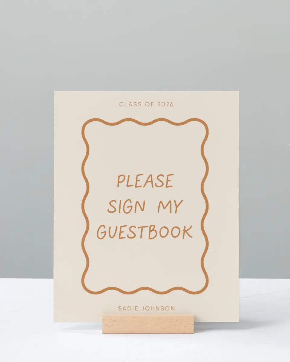 This is a 8" x 10" Guestbook Grad Sign called Wavy Frame Fun printed in full color with Silver foil