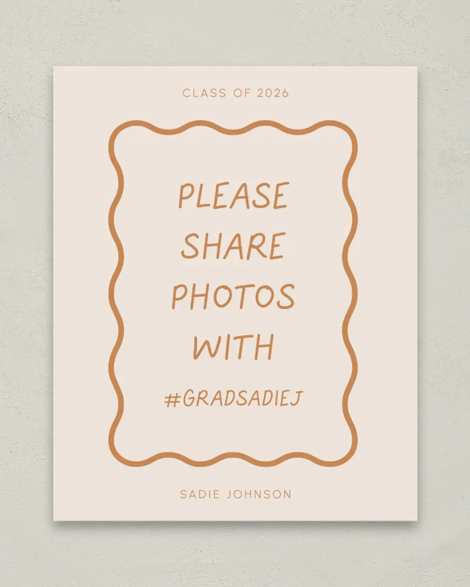 This is a 8" x 10" Let's Celebrate & Snap a Photo Grad Sign called Wavy Frame Fun printed in full color