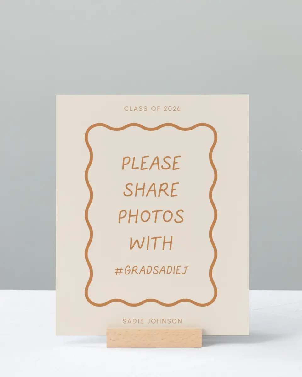 This is a 8" x 10" Let's Celebrate & Snap a Photo Grad Sign called Wavy Frame Fun printed in full color