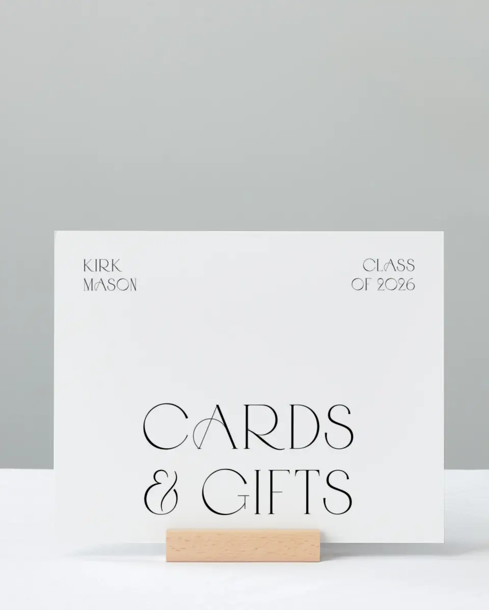 This is a 8" x 10" Cards & Gifts Grad Sign called Milestones and Memories printed in full color with Silver foil