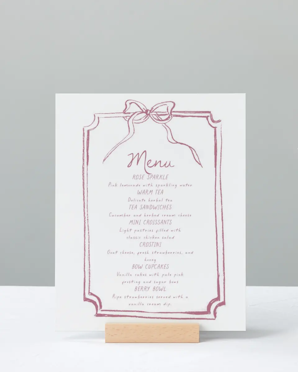 This is a 8" x 10" Menu Baby Shower Sign called Careful Coquette printed in full color