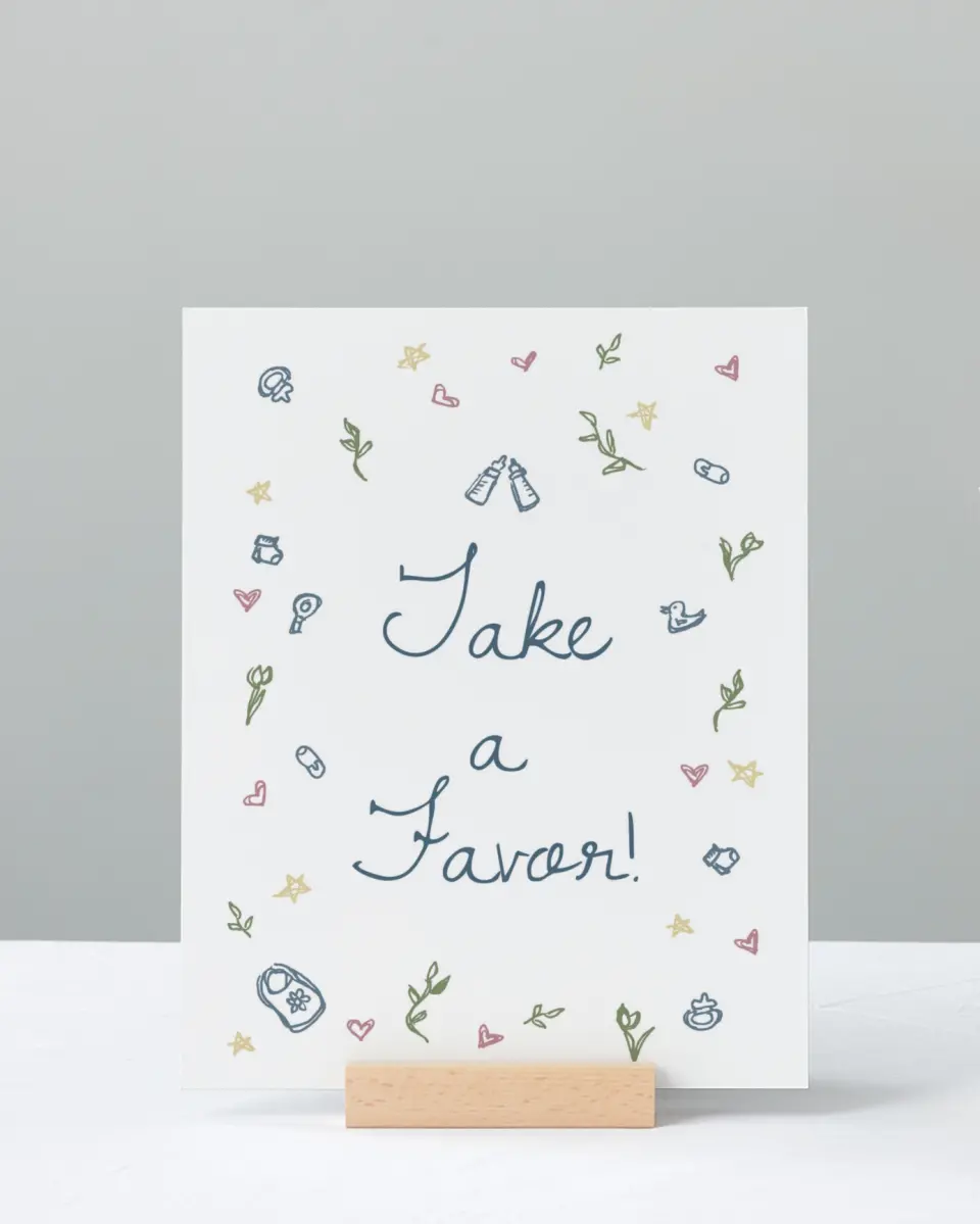 This is a 8" x 10" Take a Favor Baby Shower Sign called Dainty Delight printed in full color