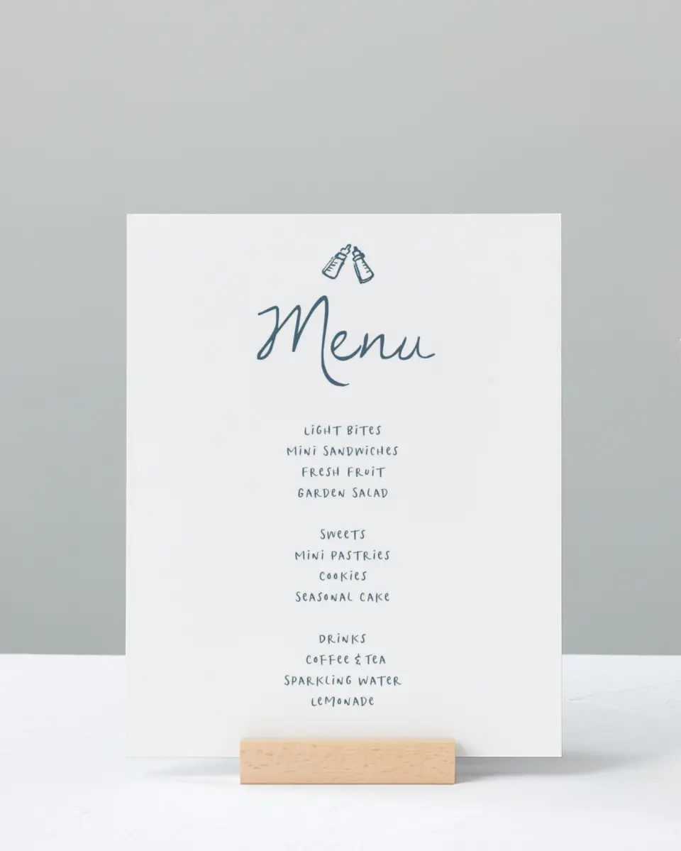 This is a 8" x 10" Menu Baby Shower Sign called Dainty Delight printed in full color with Rose Gold foil