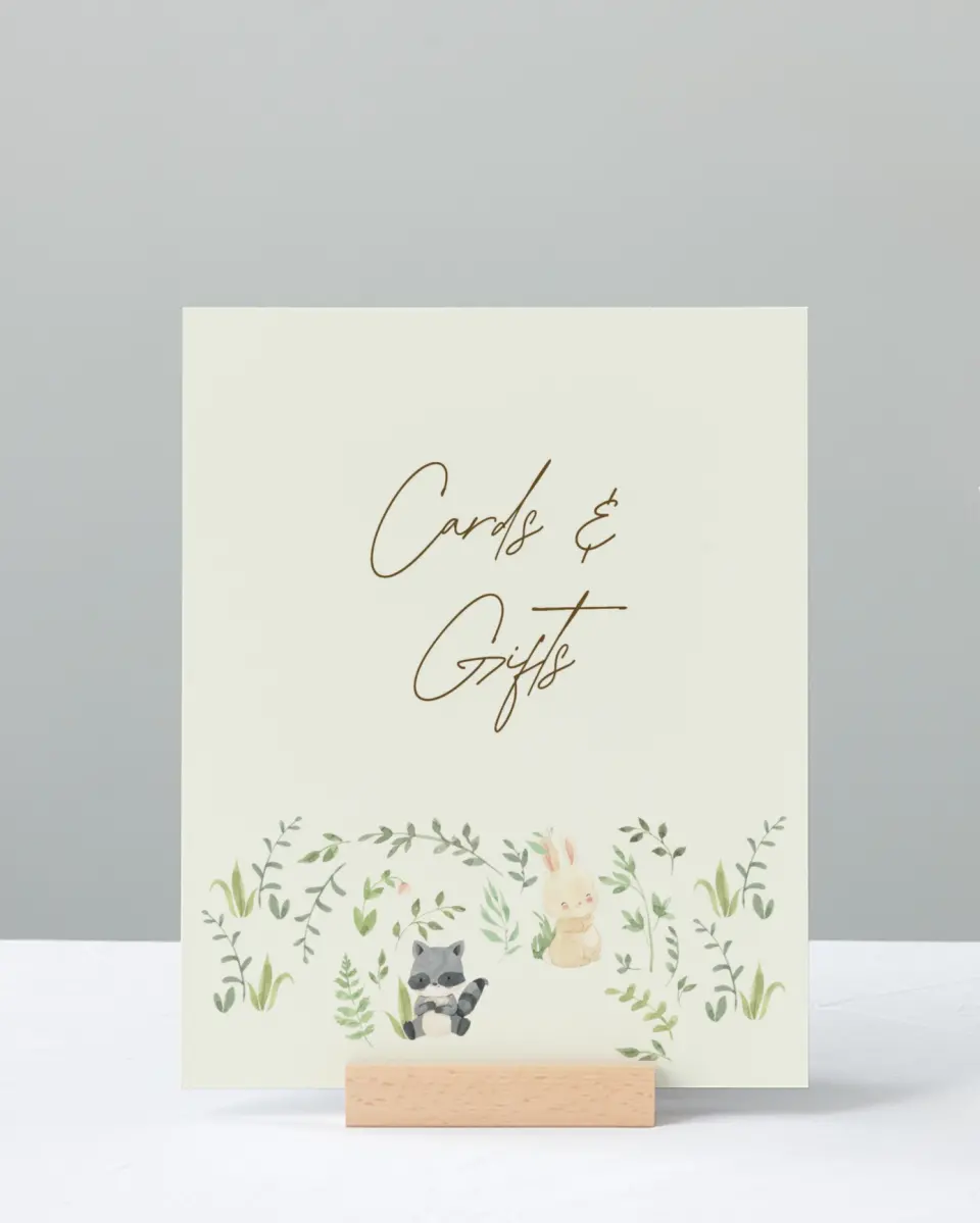 This is a 8" x 10" Cards & Gifts Baby Shower Sign called Forest Friends printed in full color