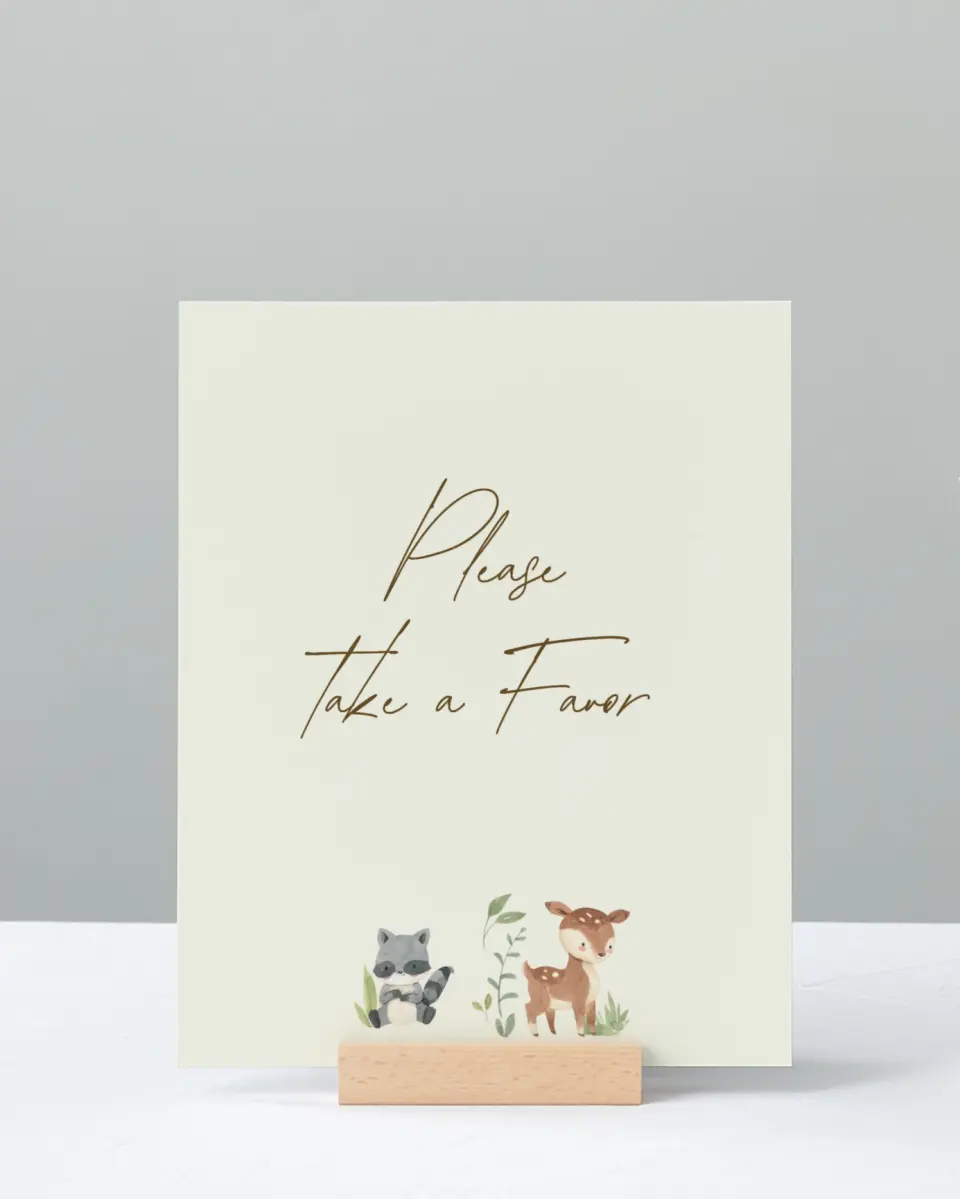 This is a 8" x 10" Take a Favor Baby Shower Sign called Forest Friends printed in full color
