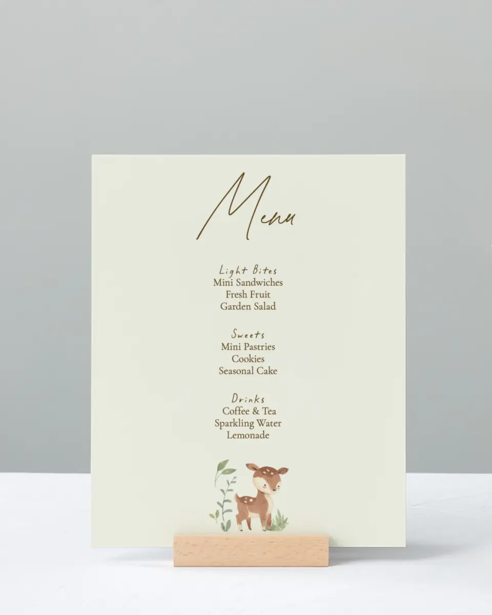 This is a 8" x 10" Menu Baby Shower Sign called Forest Friends printed in full color