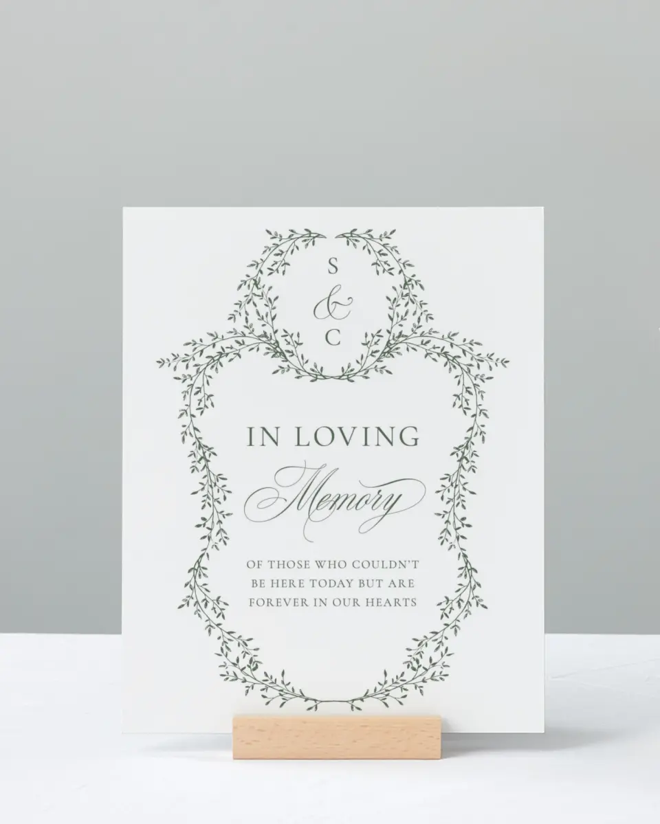 This is a 8" x 10" Loving Memory Sign called Elegant Frame printed in full color