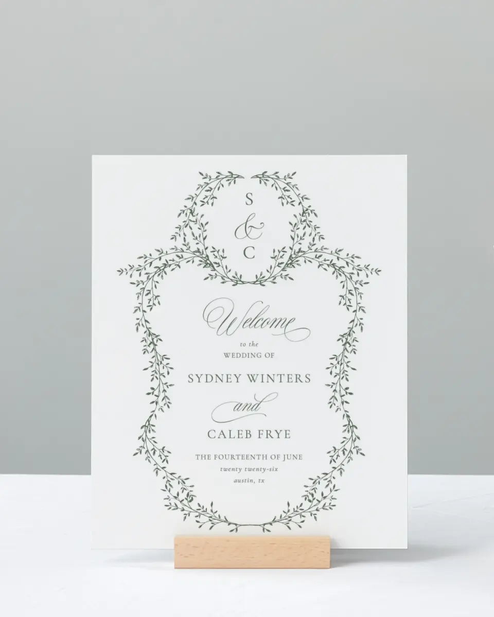 This is a 8" x 10" Welcome Sign called Elegant Frame printed in full color with Gold foil