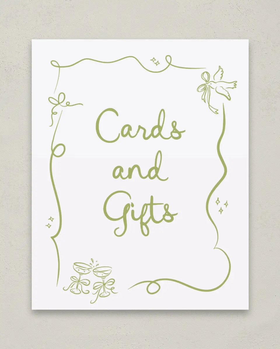 This is a 8" x 10" Cards & Gifts Sign called Wedding Whimsy printed in full color