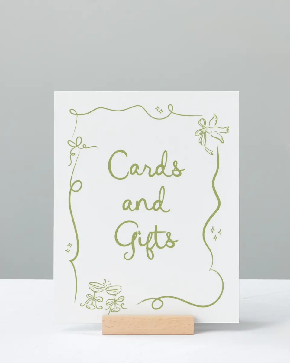 This is a 8" x 10" Cards & Gifts Sign called Wedding Whimsy printed in full color with Gold foil