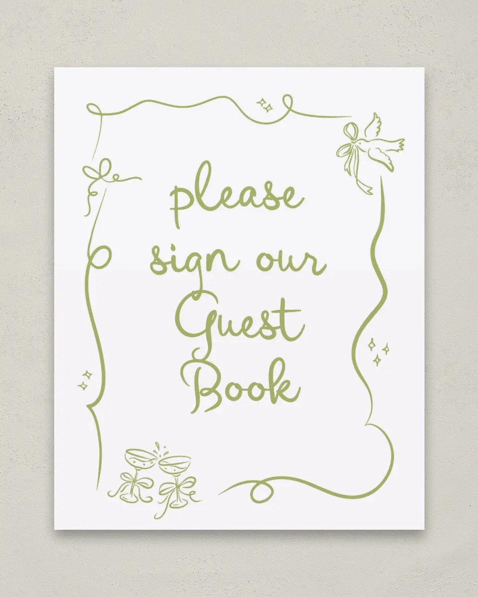 This is a 8" x 10" Guest Book Sign called Wedding Whimsy printed in full color