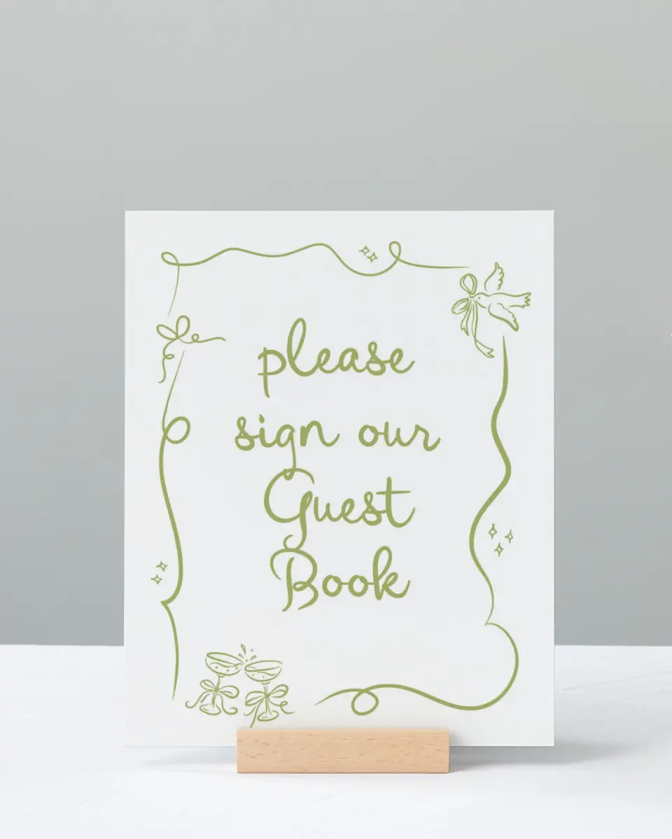 This is a 8" x 10" Guest Book Sign called Wedding Whimsy printed in full color with Silver foil