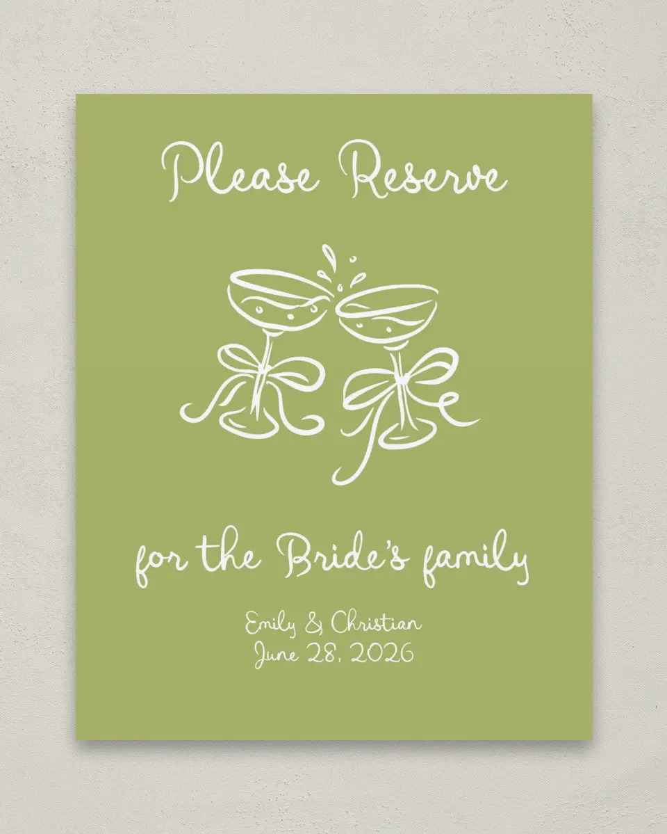 This is a 8" x 10" Reserved Seating Sign called Wedding Whimsy printed in full color with Silver foil