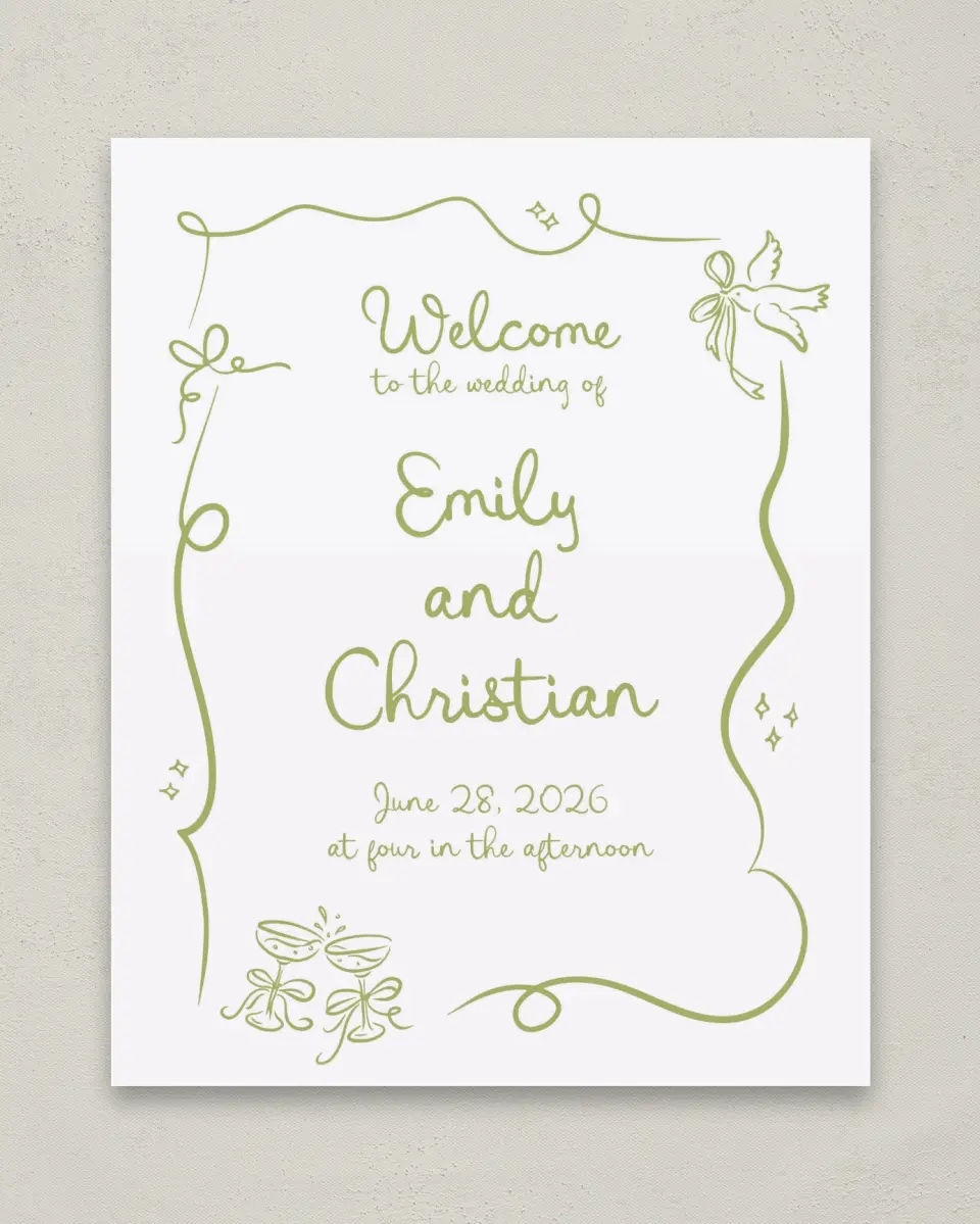 This is a 8" x 10" Welcome Sign called Wedding Whimsy printed in full color