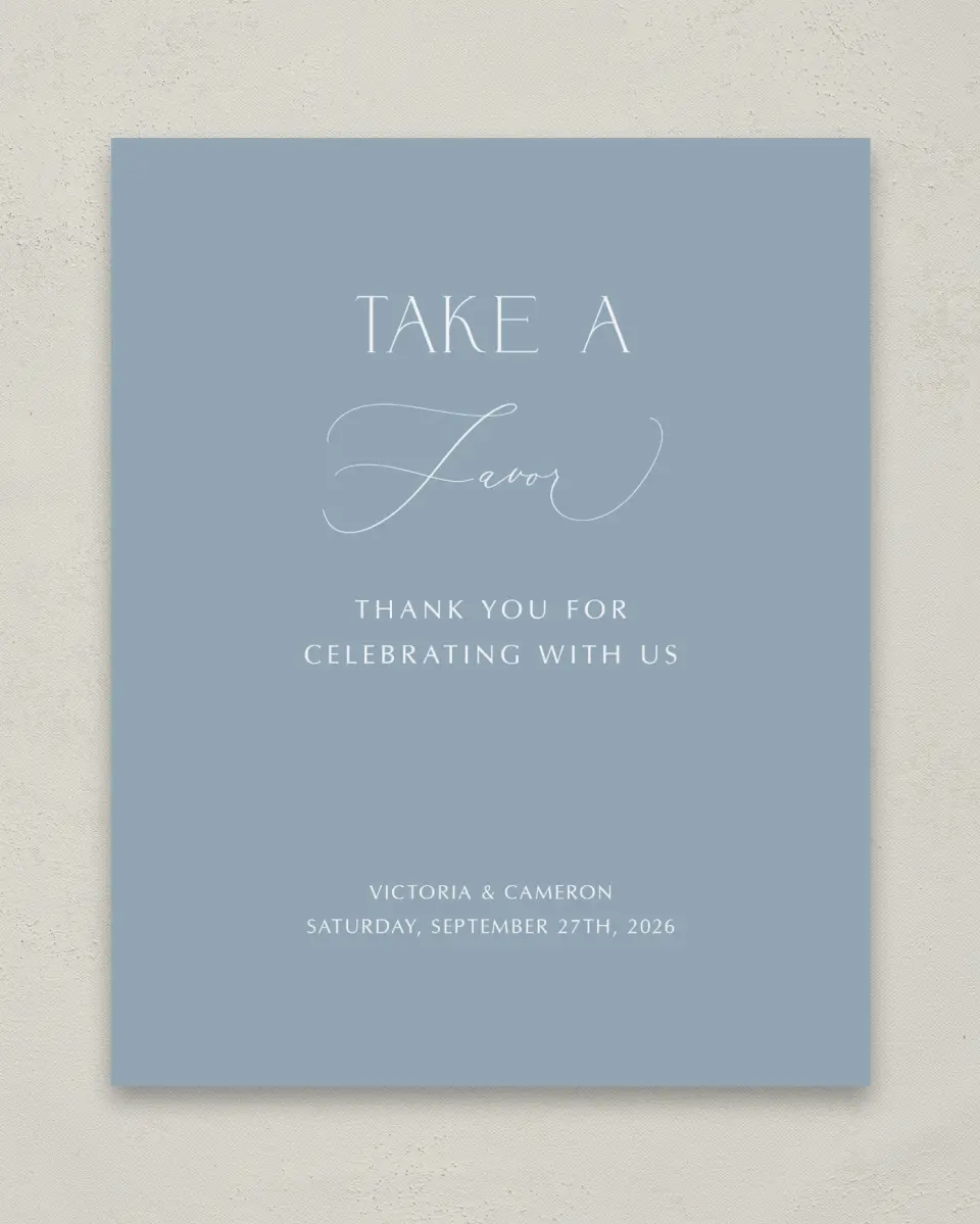 This is a 8" x 10" Favor Sign called The Victoria printed in full color with Gold foil