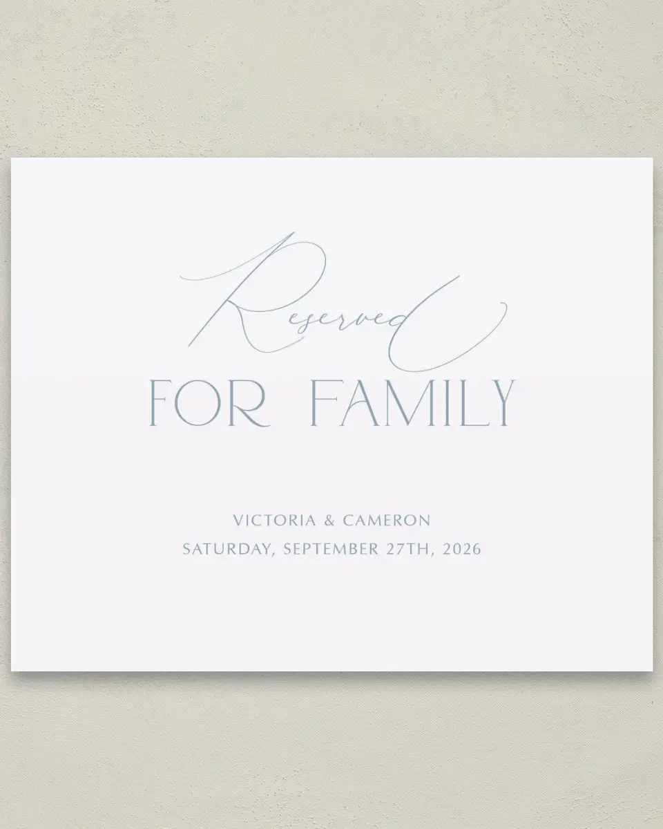This is a 8" x 10" Reserved Seating Sign called The Victoria printed in full color with Silver foil