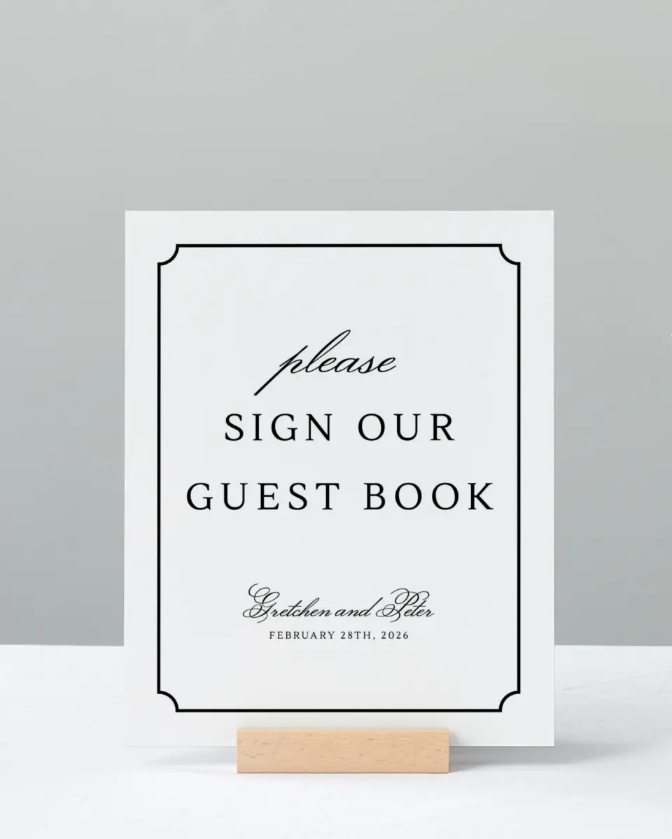 This is a 8" x 10" Guest Book Sign called Elegant Tradition printed in full color with Gold foil