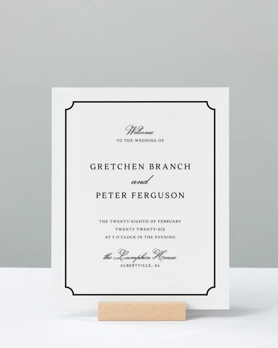 This is a 8" x 10" Welcome Sign called Elegant Tradition printed in full color with Gold foil
