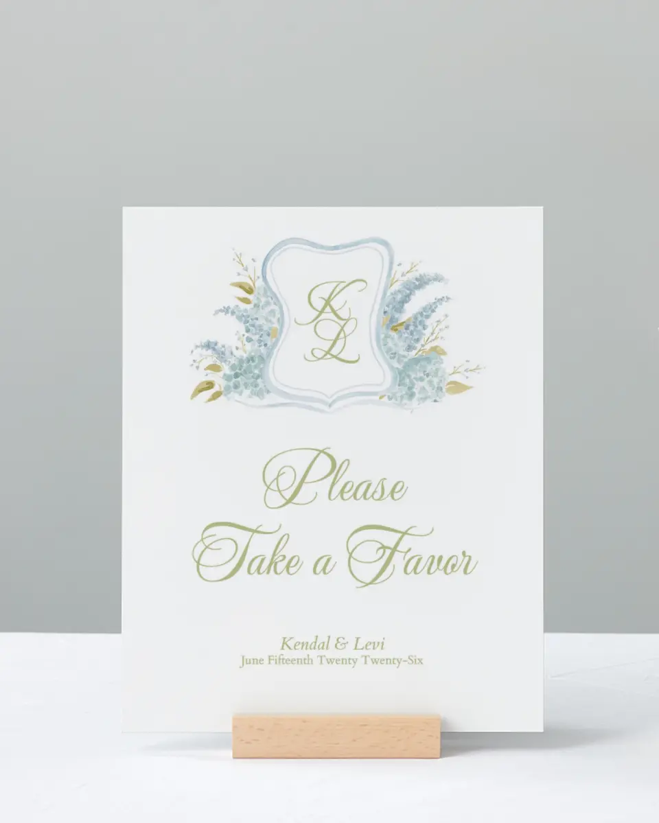 This is a 8" x 10" Favor Sign called Southern Belle printed in full color with Gold foil