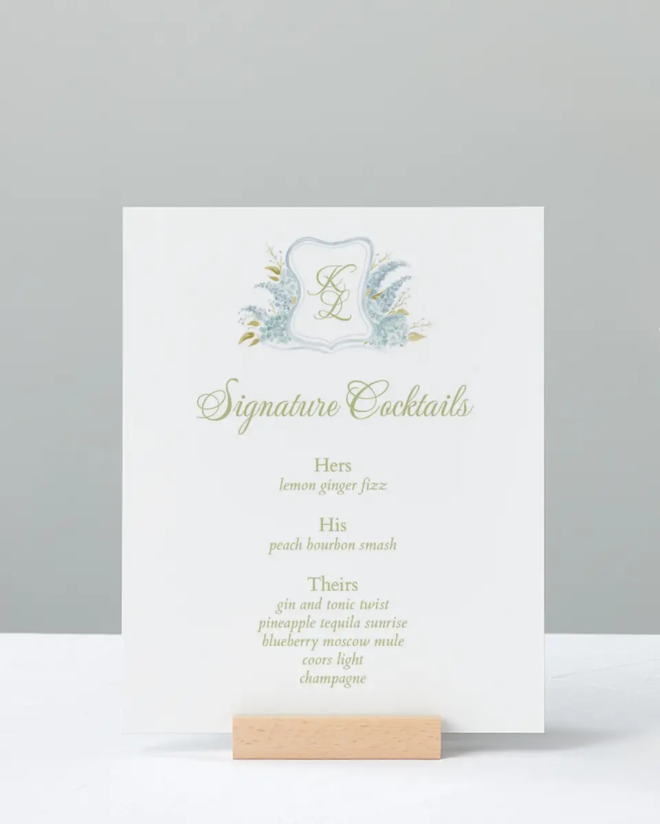 This is a 8" x 10" Menu Sign called Southern Belle printed in full color with Rose Gold foil