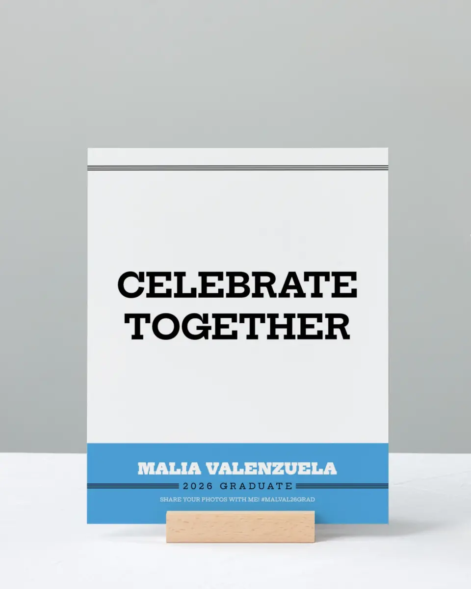 This is a 8" x 10" Let's Celebrate & Snap a Photo Grad Sign called Sporty Spice printed in full color with Silver foil