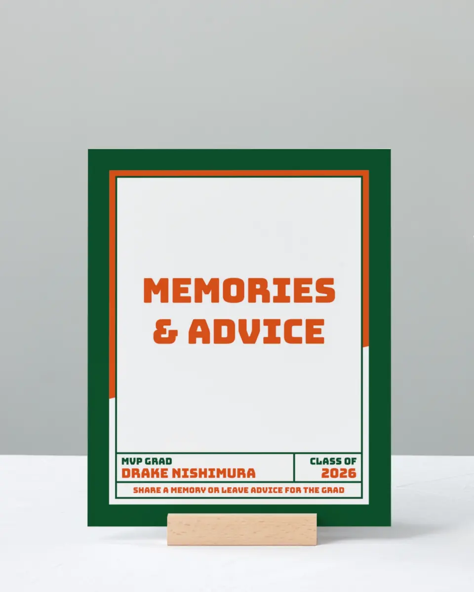 This is a 8" x 10" Memory & Advice Grad Sign called MVP Grad printed in full color with Rose Gold foil