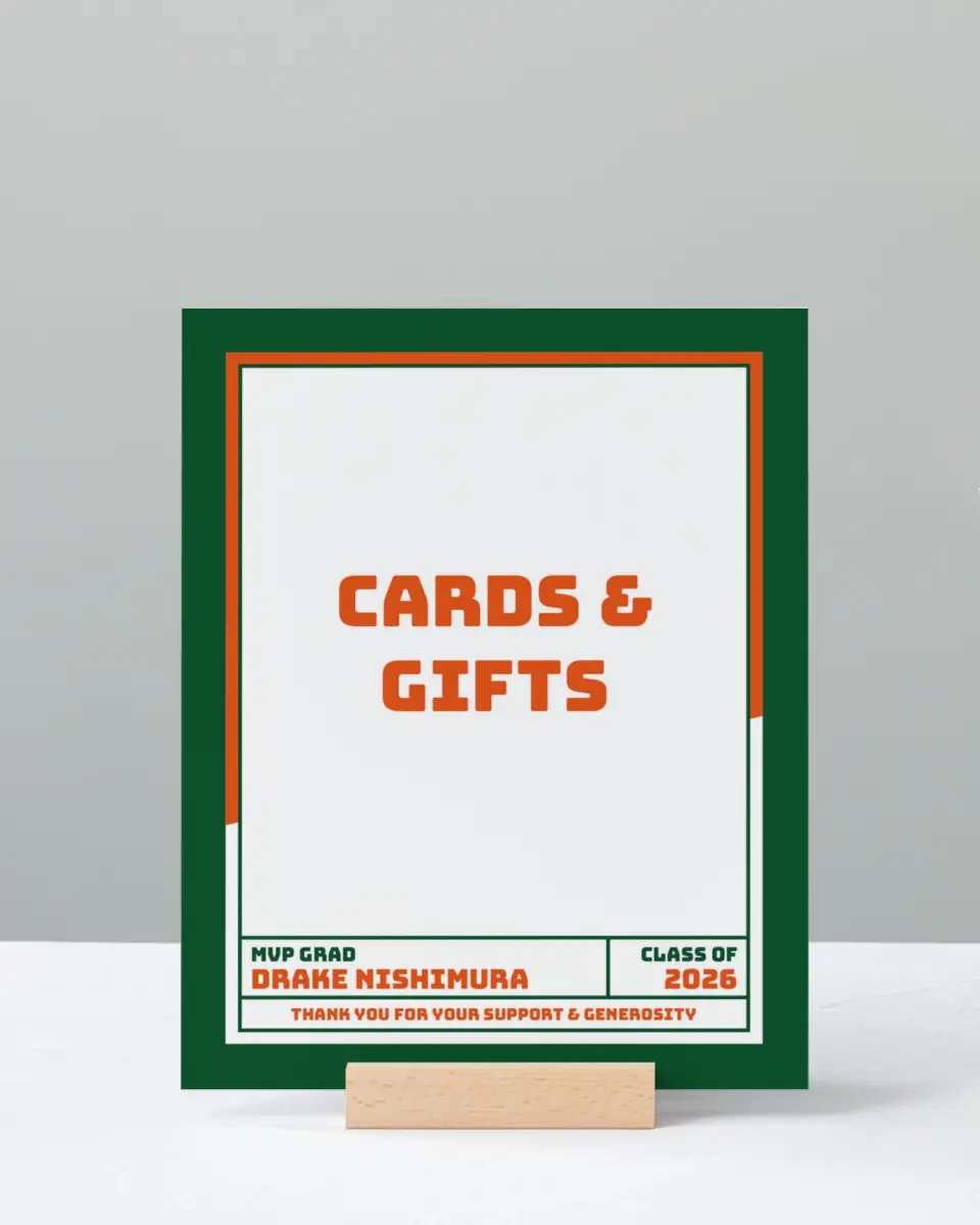 This is a 8" x 10" Cards & Gifts Grad Sign called MVP Grad printed in full color with Silver foil