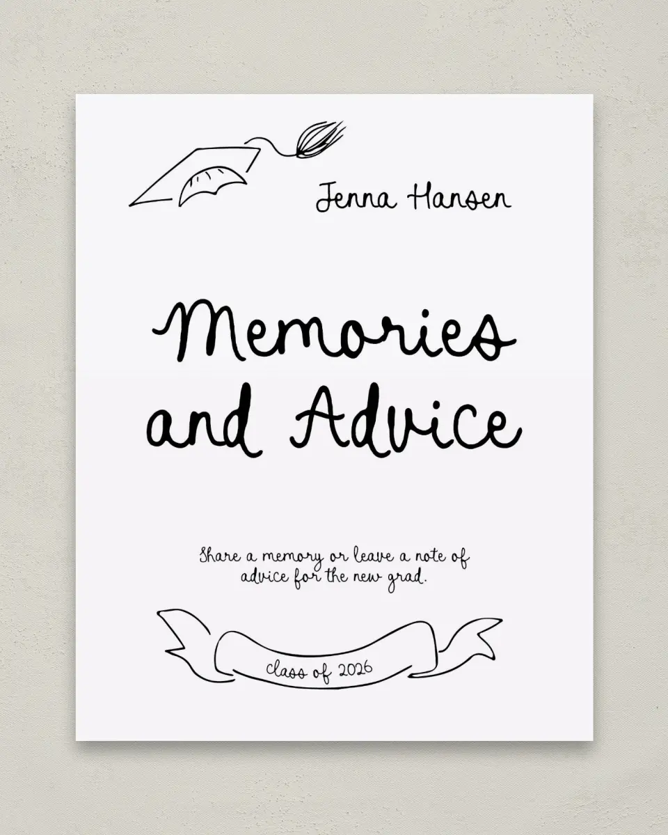 This is a 8" x 10" Memory & Advice Grad Sign called Handwritten Grad printed in full color
