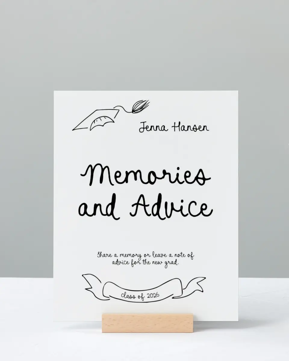 This is a 8" x 10" Memory & Advice Grad Sign called Handwritten Grad printed in full color with Rose Gold foil