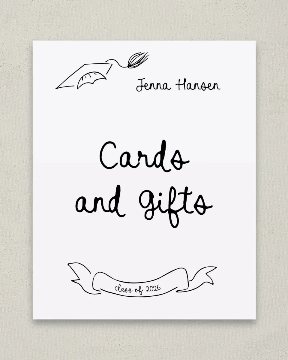 This is a 8" x 10" Cards & Gifts Grad Sign called Handwritten Grad printed in full color