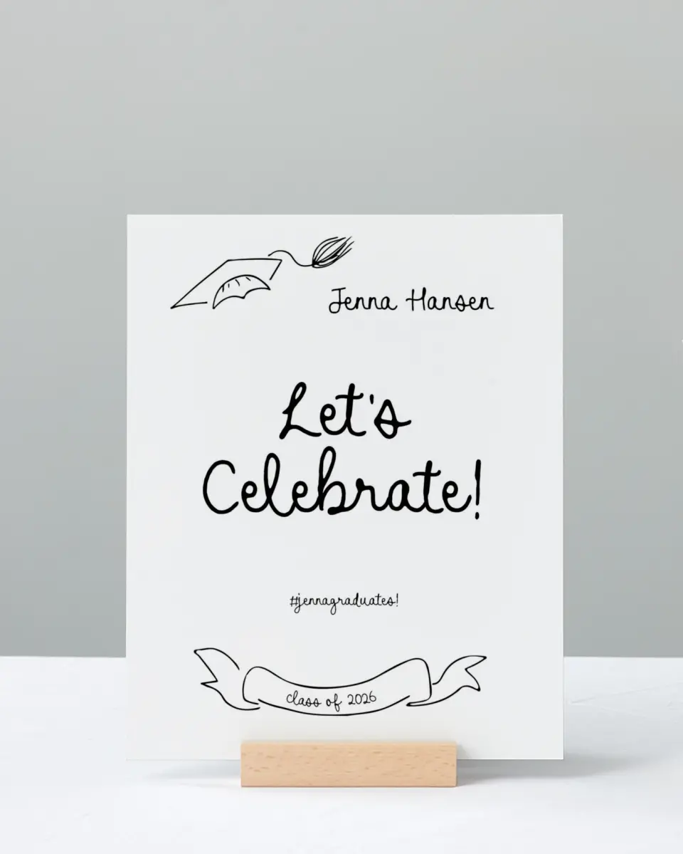 This is a 8" x 10" Let's Celebrate & Snap a Photo Grad Sign called Handwritten Grad printed in full color with Silver foil