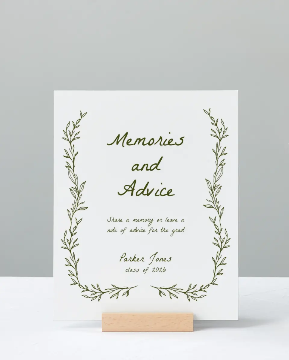 This is a 8" x 10" Memory & Advice Grad Sign called Flourish & Thrive printed in full color with Rose Gold foil