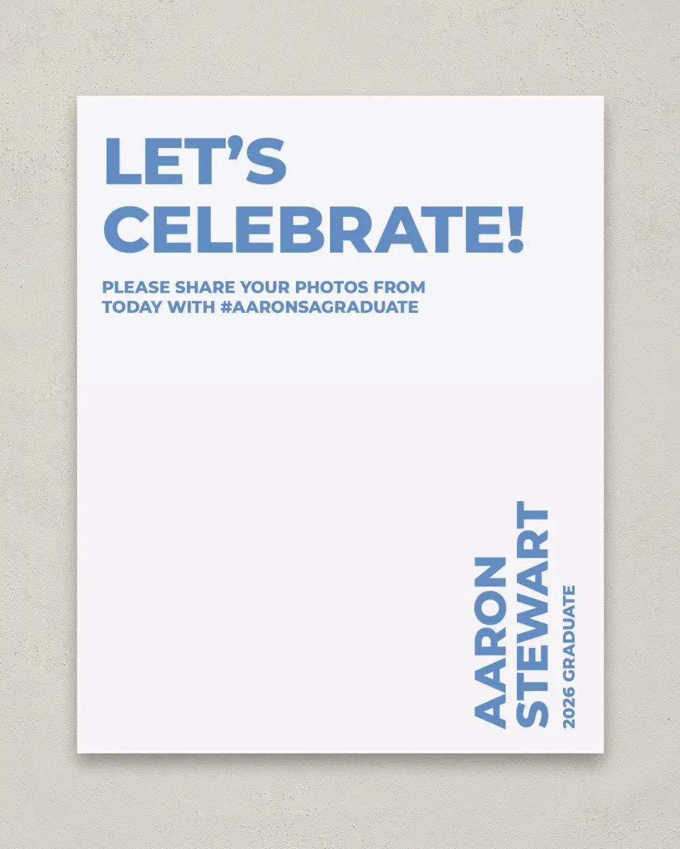 This is a 8" x 10" Let's Celebrate & Snap a Photo Grad Sign called Bright Beginnings printed in full color