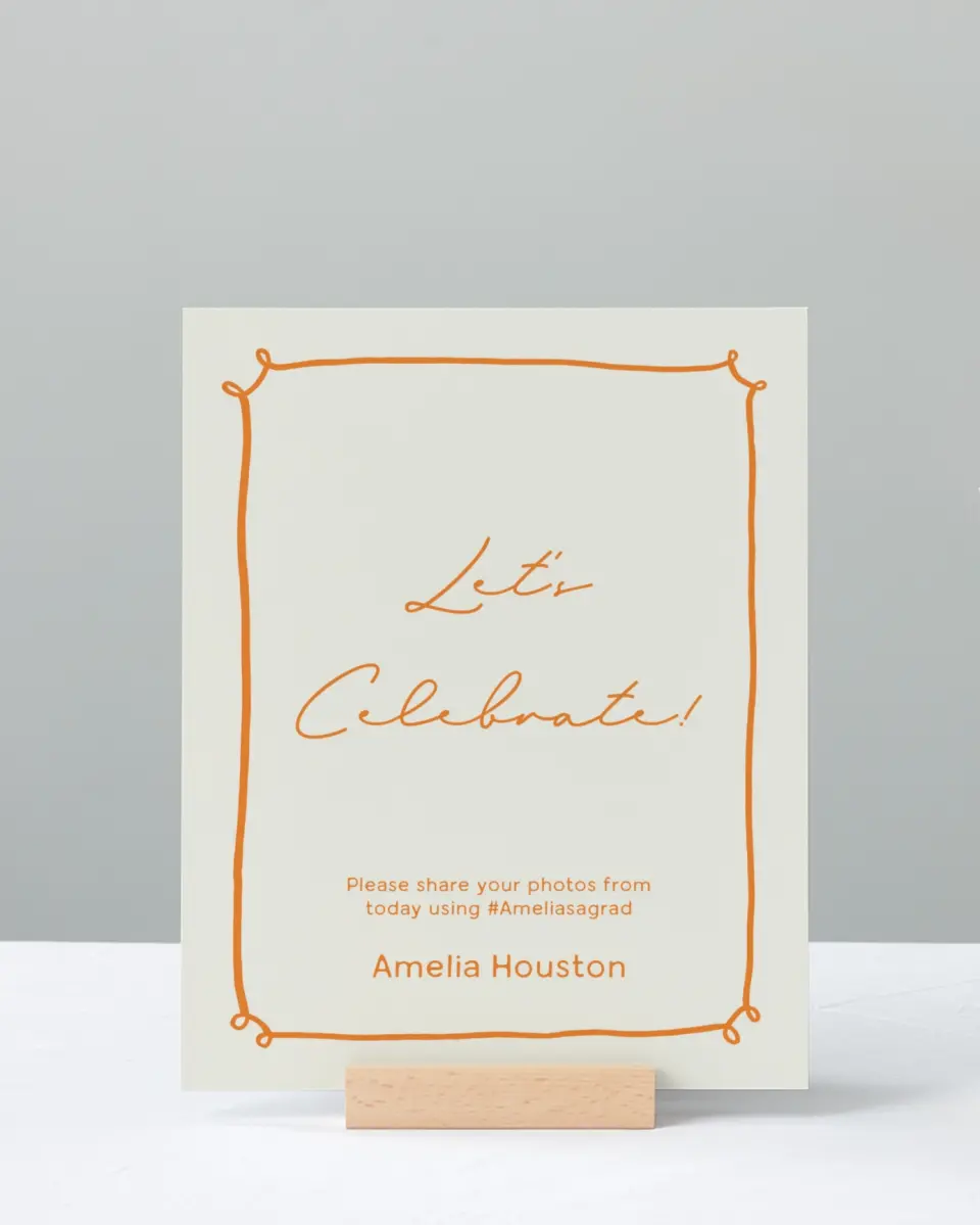 This is a 8" x 10" Let's Celebrate & Snap a Photo Grad Sign called Grand Grad printed in full color with Silver foil