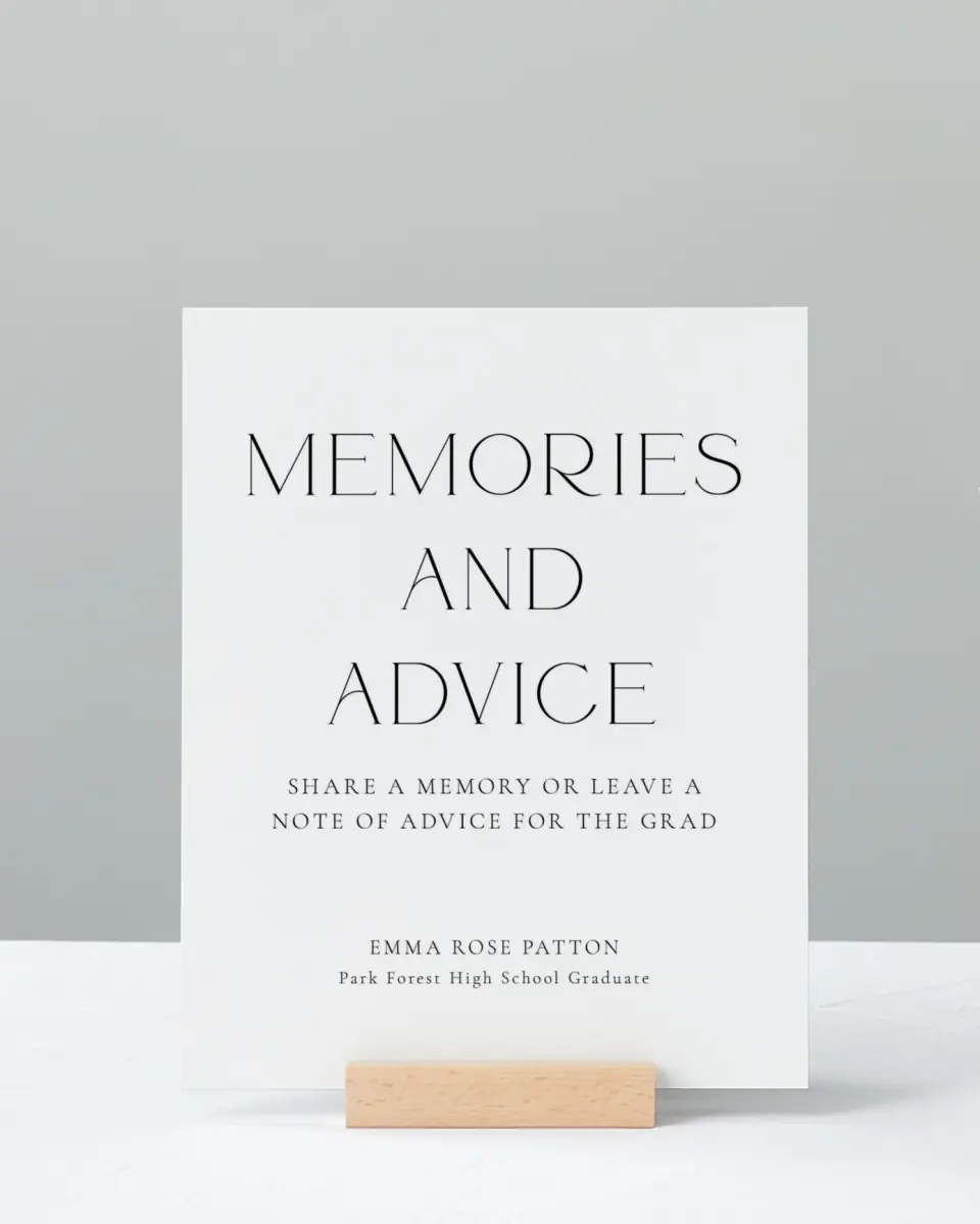 This is a 8" x 10" Memory & Advice Grad Sign called Brilliant Year printed in full color with Rose Gold foil