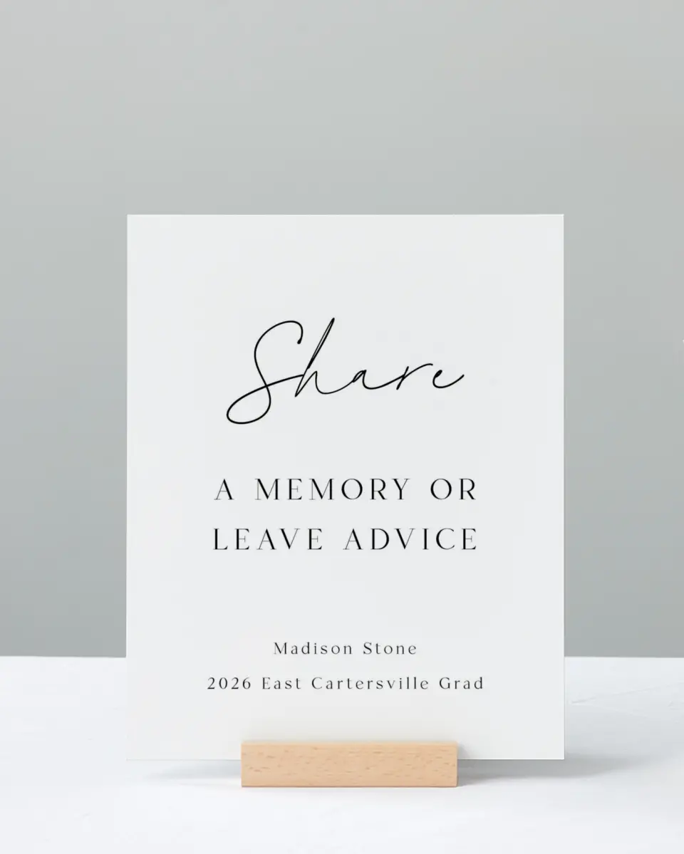 This is a 8" x 10" Memory & Advice Grad Sign called Top of Class printed in full color with Rose Gold foil