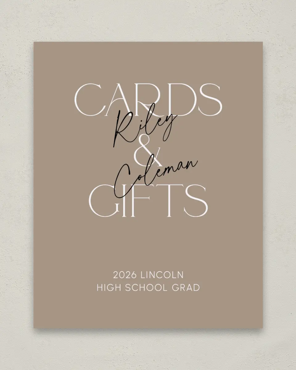 This is a 8" x 10" Cards & Gifts Grad Sign called Layered Snapshots printed in full color
