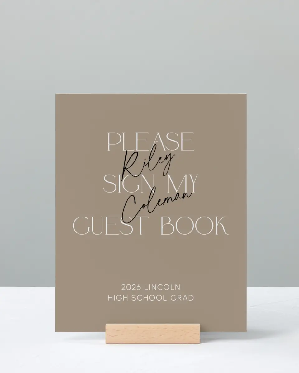 This is a 8" x 10" Guestbook Grad Sign called Layered Snapshots printed in full color with Gold foil