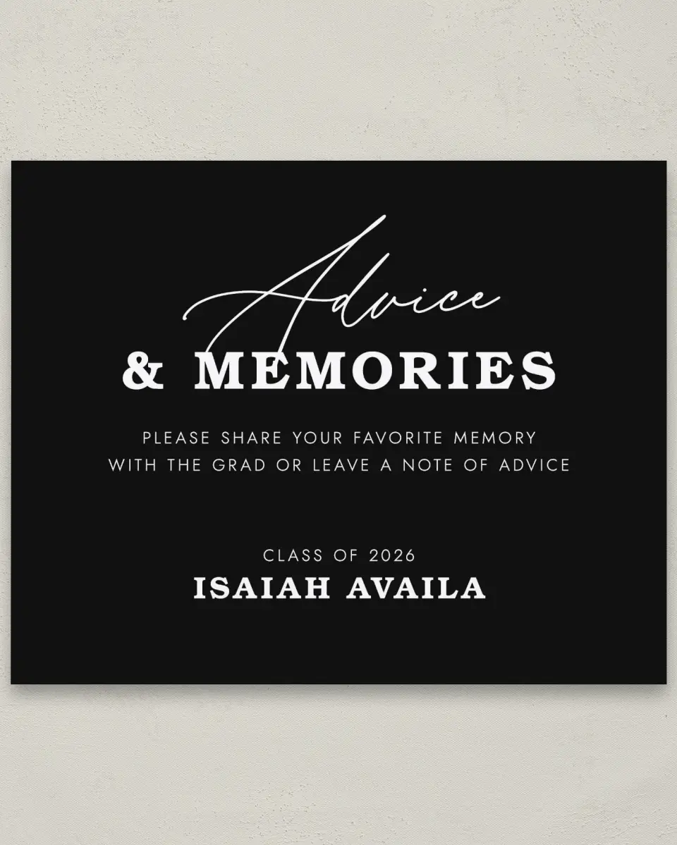 This is a 8" x 10" Memory & Advice Grad Sign called Let's Celebrate printed in full color