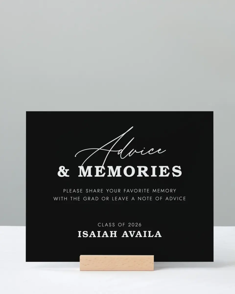This is a 8" x 10" Memory & Advice Grad Sign called Let's Celebrate printed in full color with Rose Gold foil